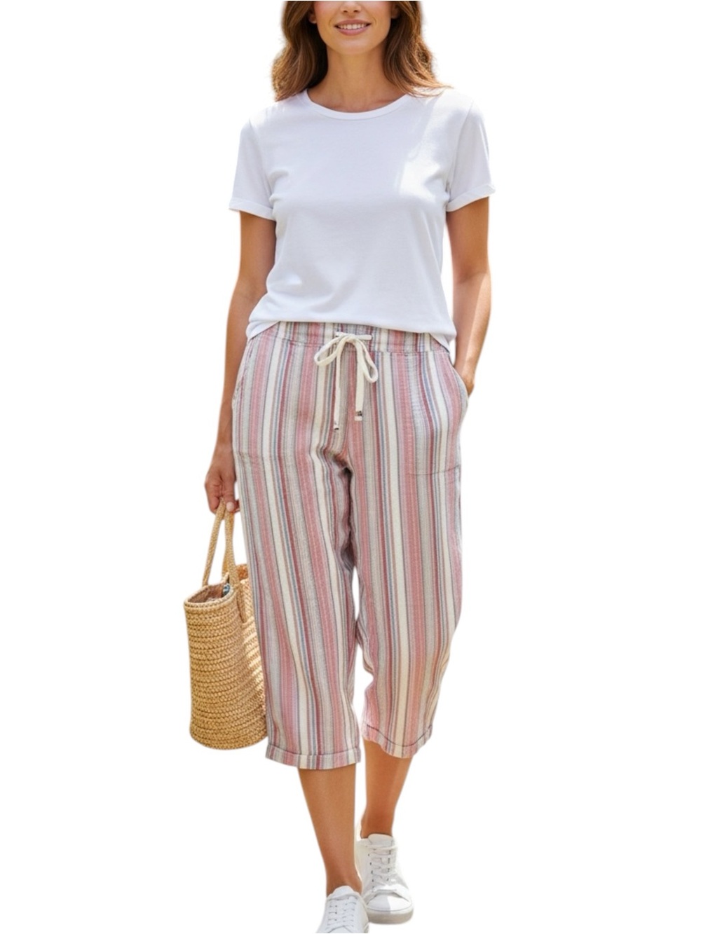 Juniper + Lime Linen Blend Red White Blue Striped Gauze Loose Capris - Size 1X